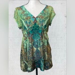 VTG Y2K Unity World Wear Green Sublimination Tunic Babydoll Top Medium M EUC